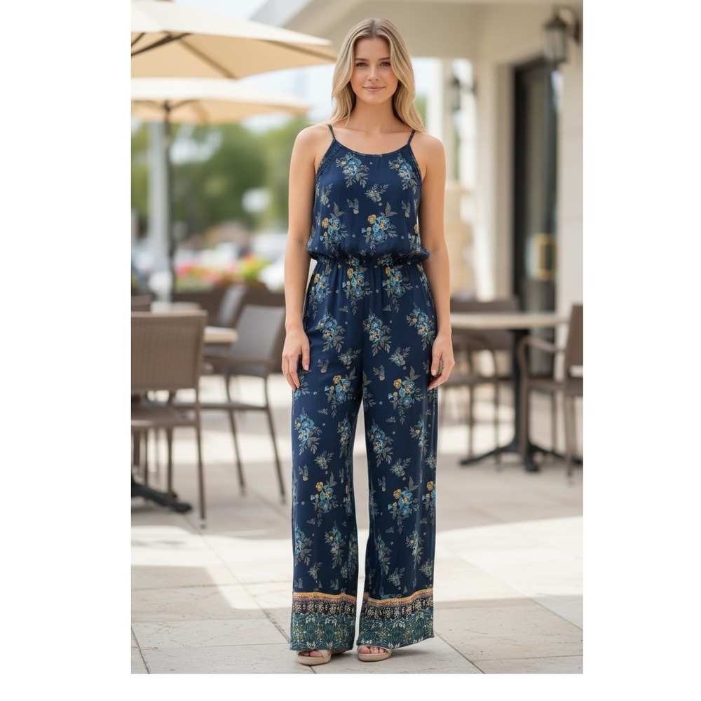 Mudd Floral Jumpsuit‎ Womens Medium Navy Blue Wide Leg Halter Boho Hippie